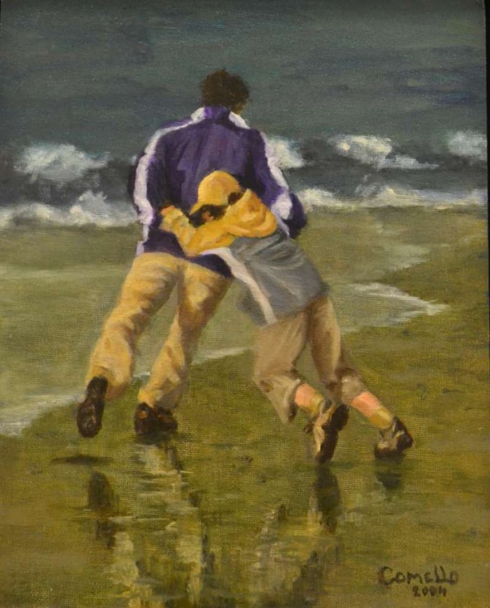 2004, Vader en zoon op 't strand, 24x30, olieverf, J.Comello