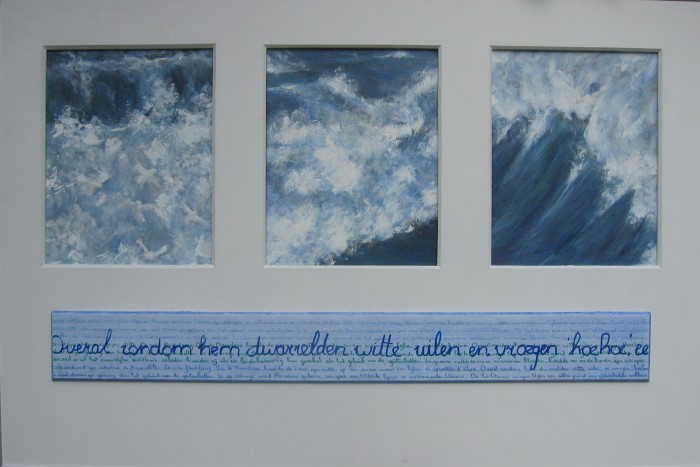 2005, Zee-uilen,2005, Zee-uilen,, collage van acrylverf en houtwerk.
